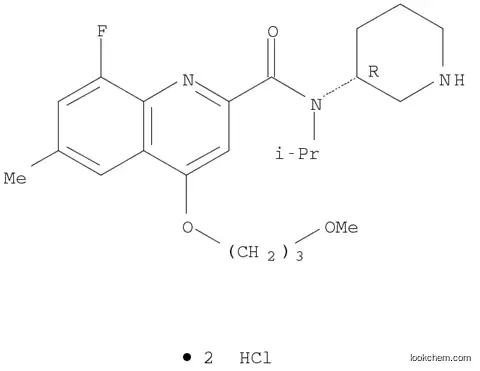 Molecular Structure of 1078128-56-9 ((R)-8-fluoro-N-isopropyl-4-(3-Methoxypropoxy)-6-Methyl-N-(piperidin-3-yl)quinoline-2-carboxaMide  (2HCl salt))